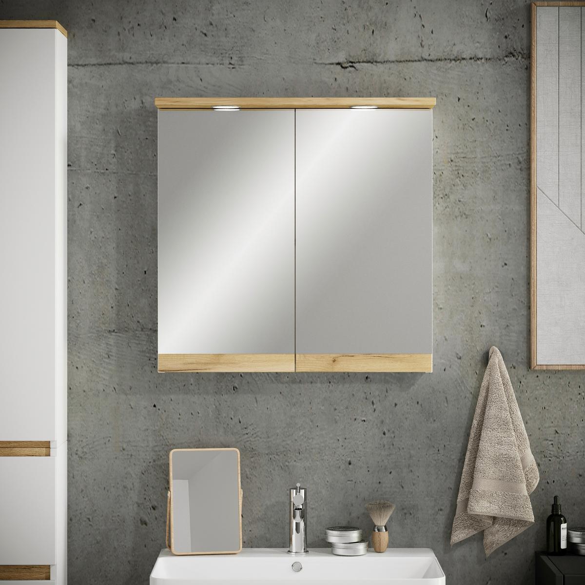Spiegelschrank Cosila Weiß/Honigeiche mit LED - Honigeiche/Weiß, Trend, Glas/Holzwerkstoff (60/59/23cm) - MID.YOU