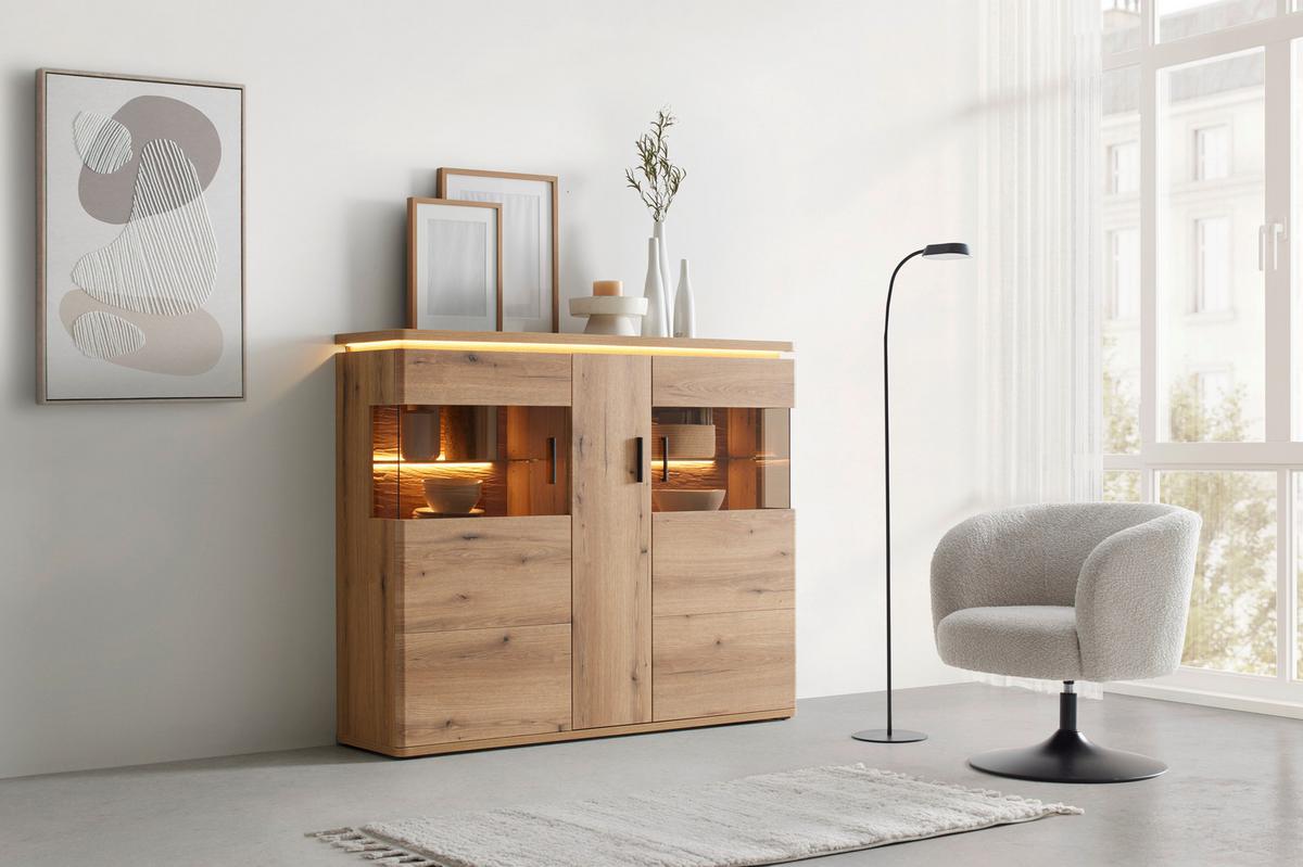 Highboard Alameda Eichefarben - Eichefarben/Anthrazit, Modern, Glas/Holzwerkstoff (150/124/38cm) - Mömax