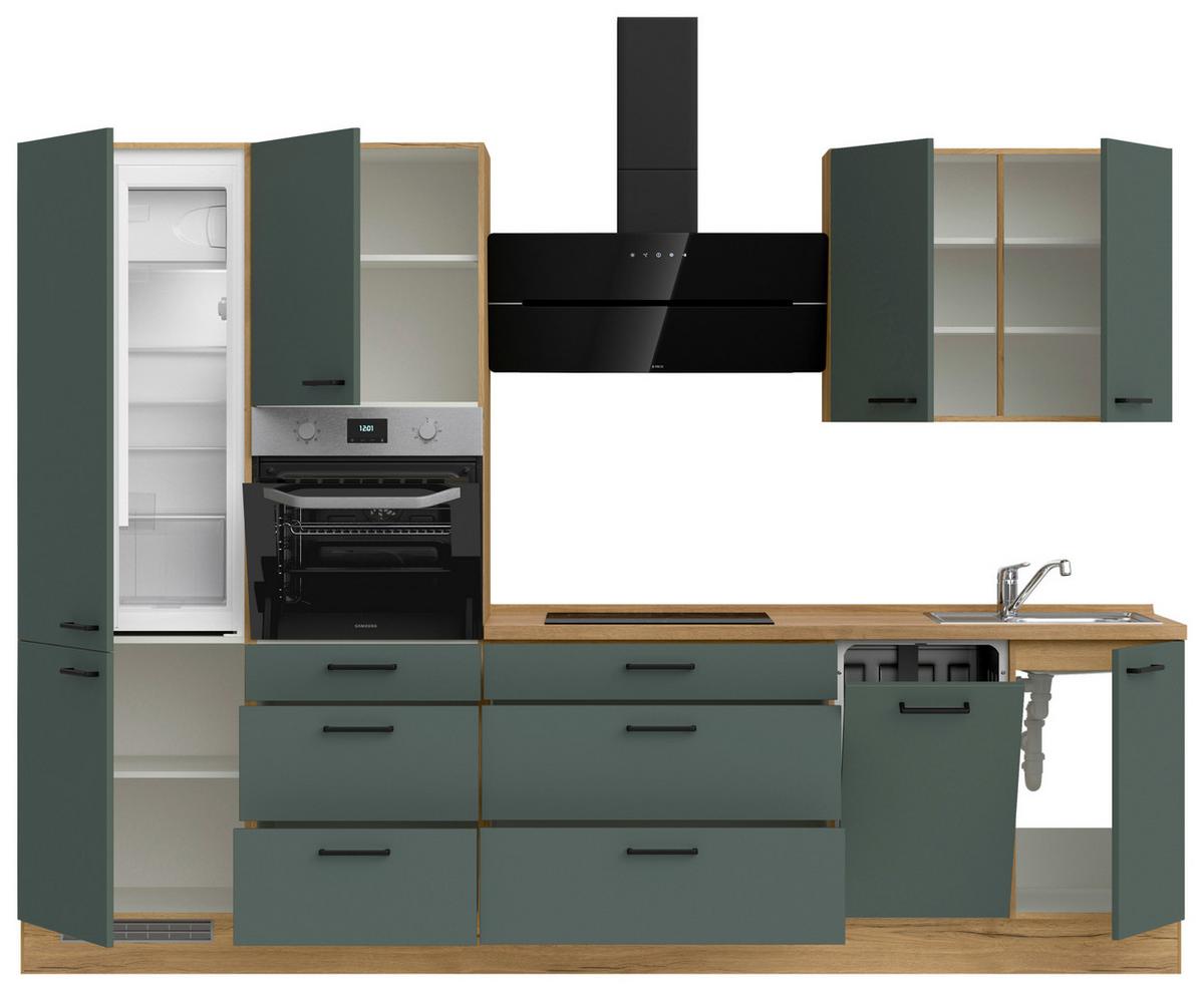 Küchenblock Easytouch High m. Geräten Dunkelgrün - Dunkelgrün/Eichefarben, MODERN, Holzwerkstoff/Metall (300cm) - Nobilia