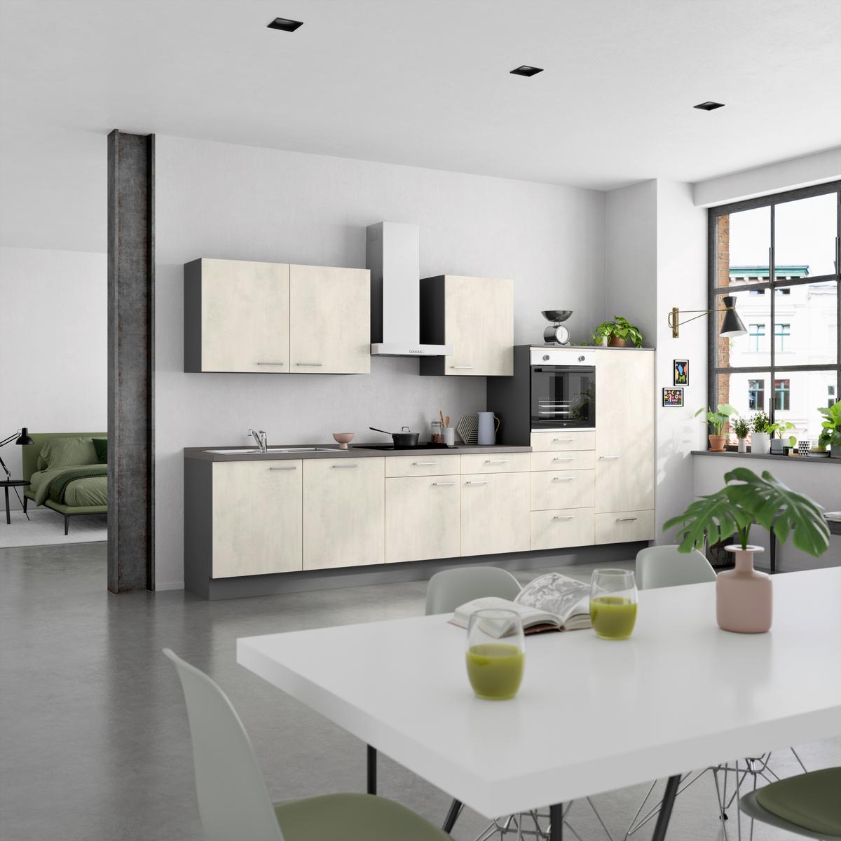 Küchenblock Riva Low m. Geräten Weiß - Schieferfarben/Edelstahlfarben, MODERN, Holzwerkstoff/Metall (360cm) - Nobilia