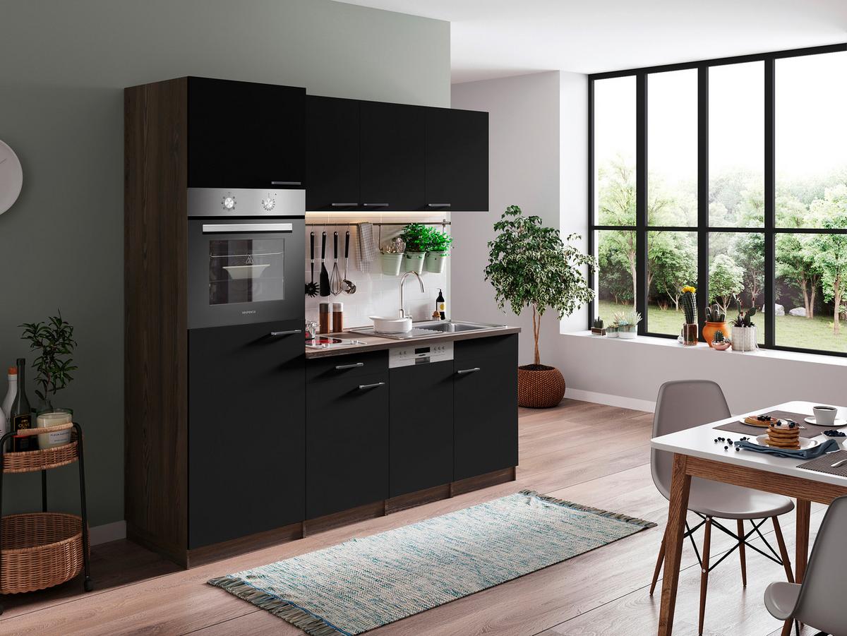 Küchenblock Oliver mit Geräten ca. 205 cm Schwarz - Eichefarben/Schwarz, Basics, Holzwerkstoff/Kunststoff (205cm) - Respekta