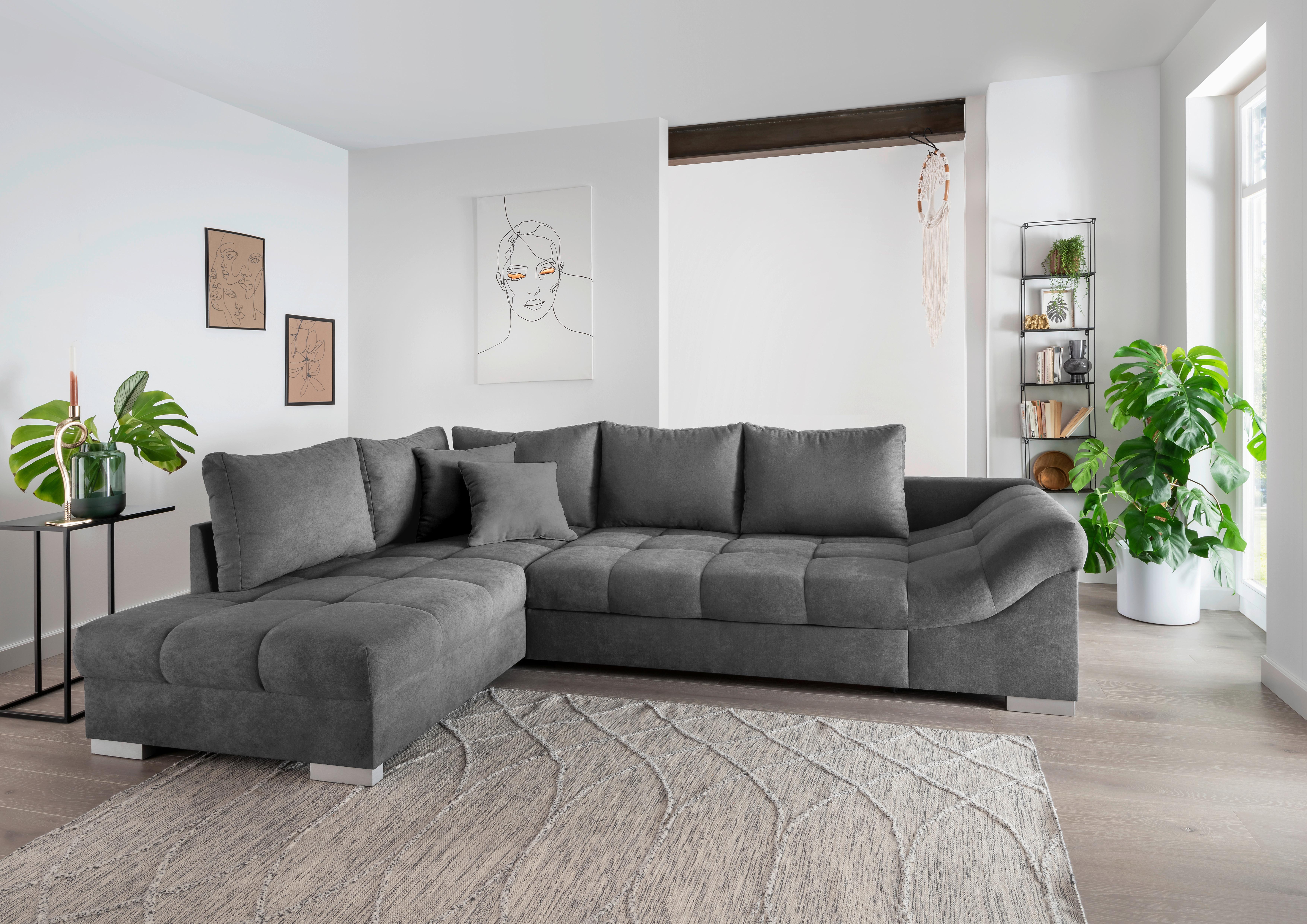 Wohnlandschaft Alvito Dunkelgrau Nylon/Mikrofaser - Dunkelgrau/Silberfarben, Design, Holz/Textil (202/298cm) - MID.YOU