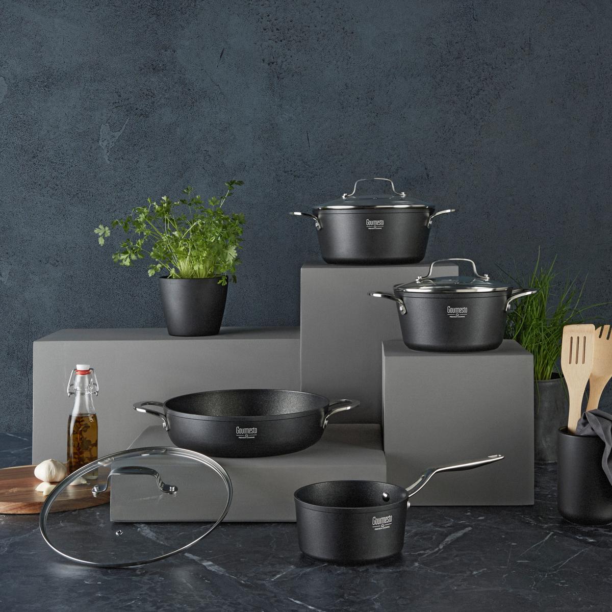 Kochtopfset Profi Line in Schwarz, 7-teilig - Klar/Silberfarben, KONVENTIONELL, Glas/Metall - Gourmesto