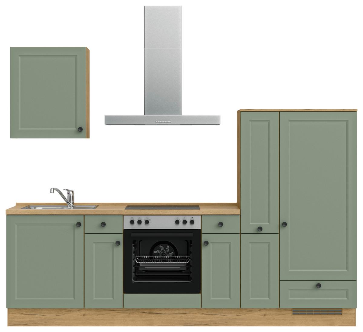 Küchenblock Cascada Low m. Geräten Schilfgrün - Schilfgrün/Eichefarben, MODERN, Holzwerkstoff/Metall (270cm) - Nobilia