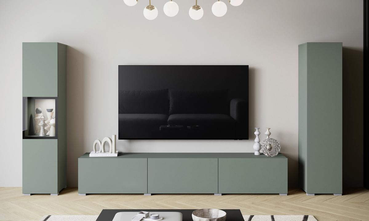 Ansamblu mobilier cameră de zi BERLIN - verde salvie, Design, sticlă/material pe bază de lemn (240/130/31cm) - P & B