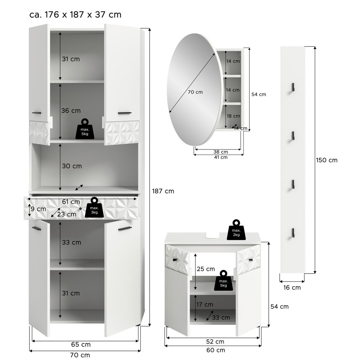 Kopalnica Prisma, Bela, 4-Delna - črna/bela, Moderno, kovina/umetna masa (146cm) - MID.YOU