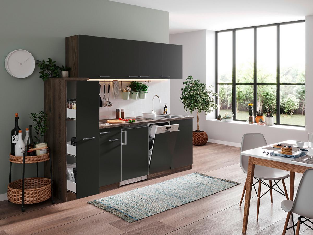 Küchenblock Oliver mit Geräten ca. 225 cm Grau - Eichefarben/Alufarben, Basics, Holzwerkstoff/Kunststoff (225cm) - Respekta