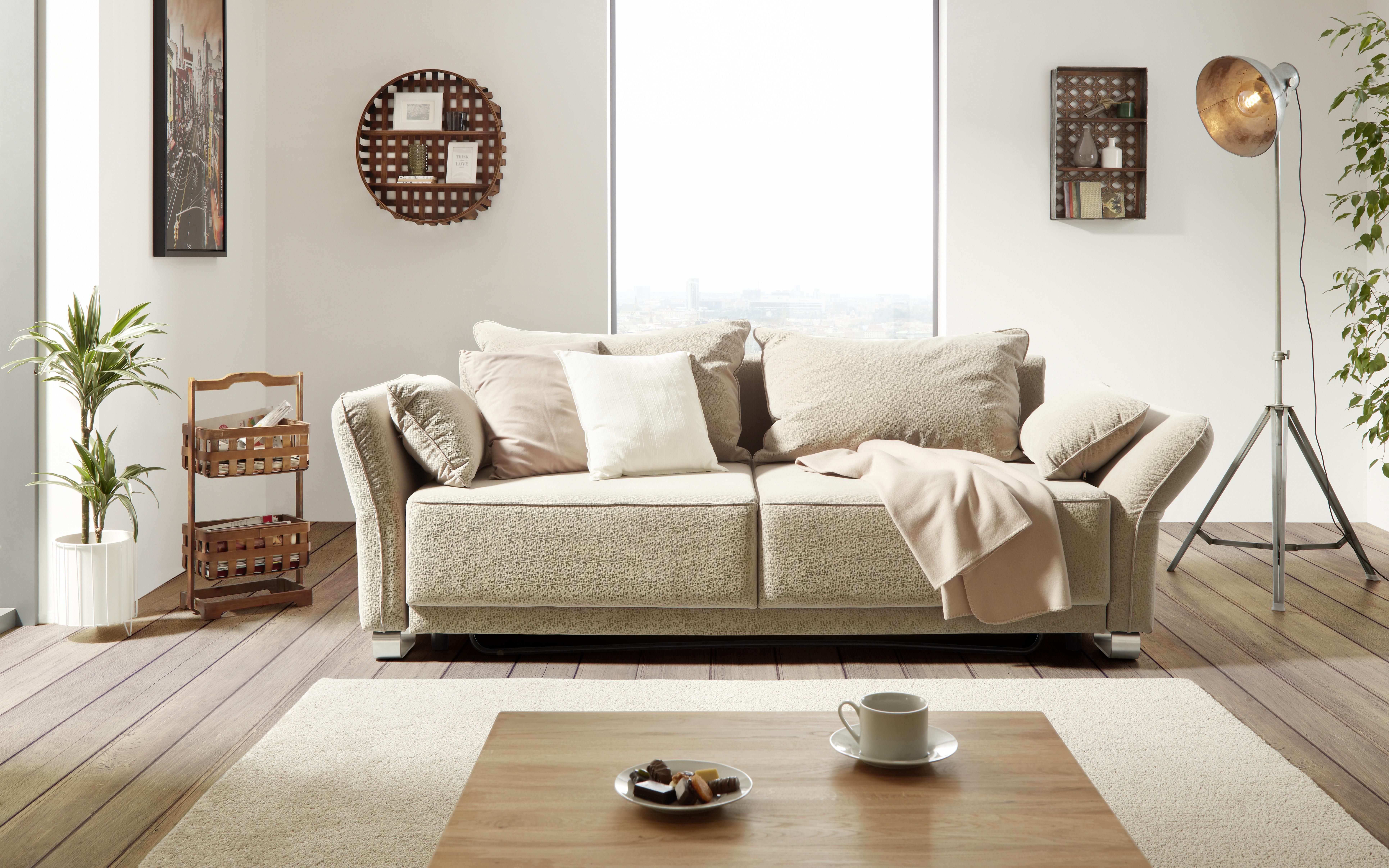 Bettsofa in Beige mit Schlaffunktion - Beige/Silberfarben, Modern, Holz/Textil (270/80/100cm) - Premium Living