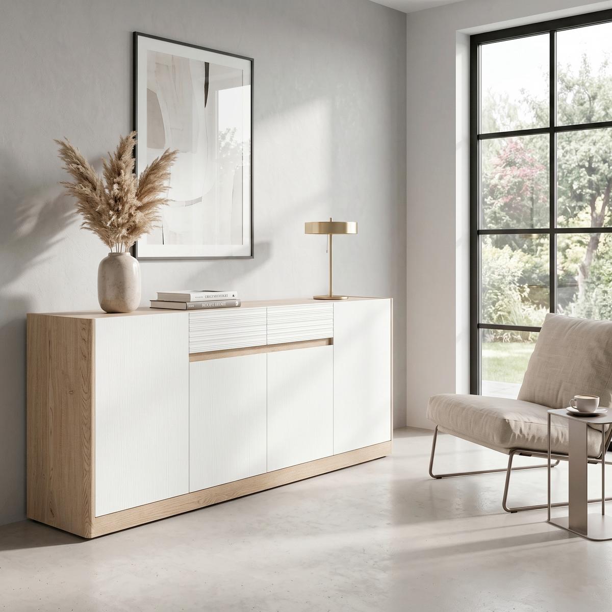 Široka Komoda Calima, Bela, Barva Hrasta - črna/barve hrasta, Konvencionalno, umetna masa/leseni material (185,6/80,5/40,3cm) - Modern Living