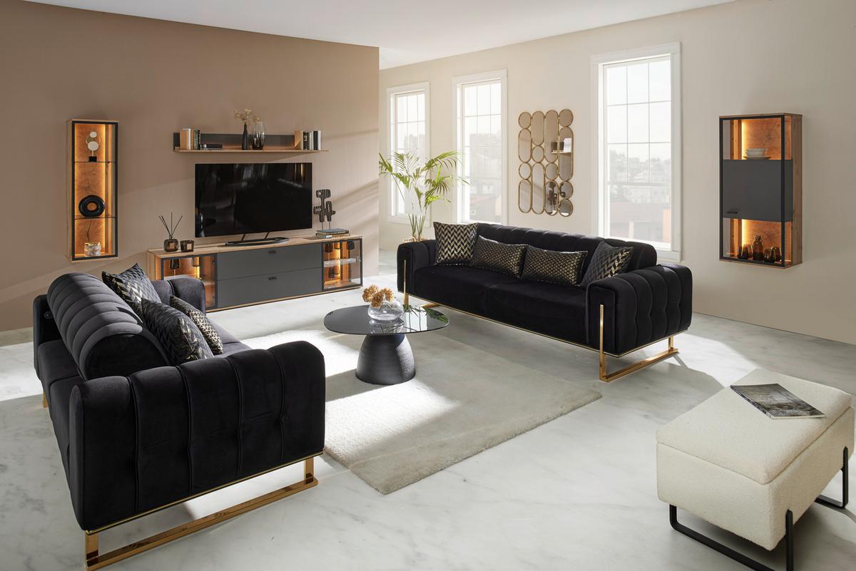 3-Sitzer-Sofa Aile in Schwarz/Goldfarben - Goldfarben/Schwarz, LIFESTYLE, Textil (244/80/90cm) - Based