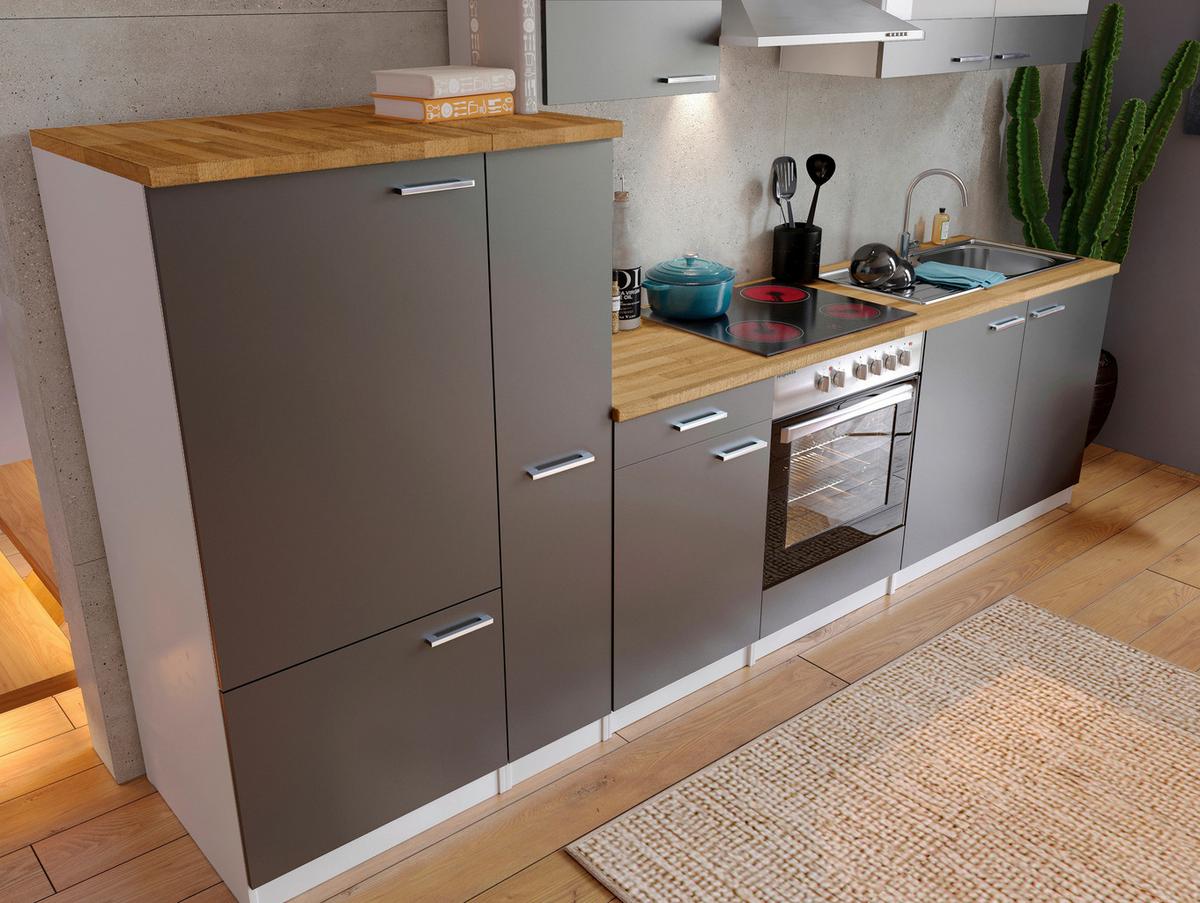 Küchenzeile Economy m. Geräten Grau/Nussbaum B: ca. 300 cm - Edelstahlfarben/Nussbaumfarben, Basics, Holzwerkstoff/Metall (300cm) - Respekta