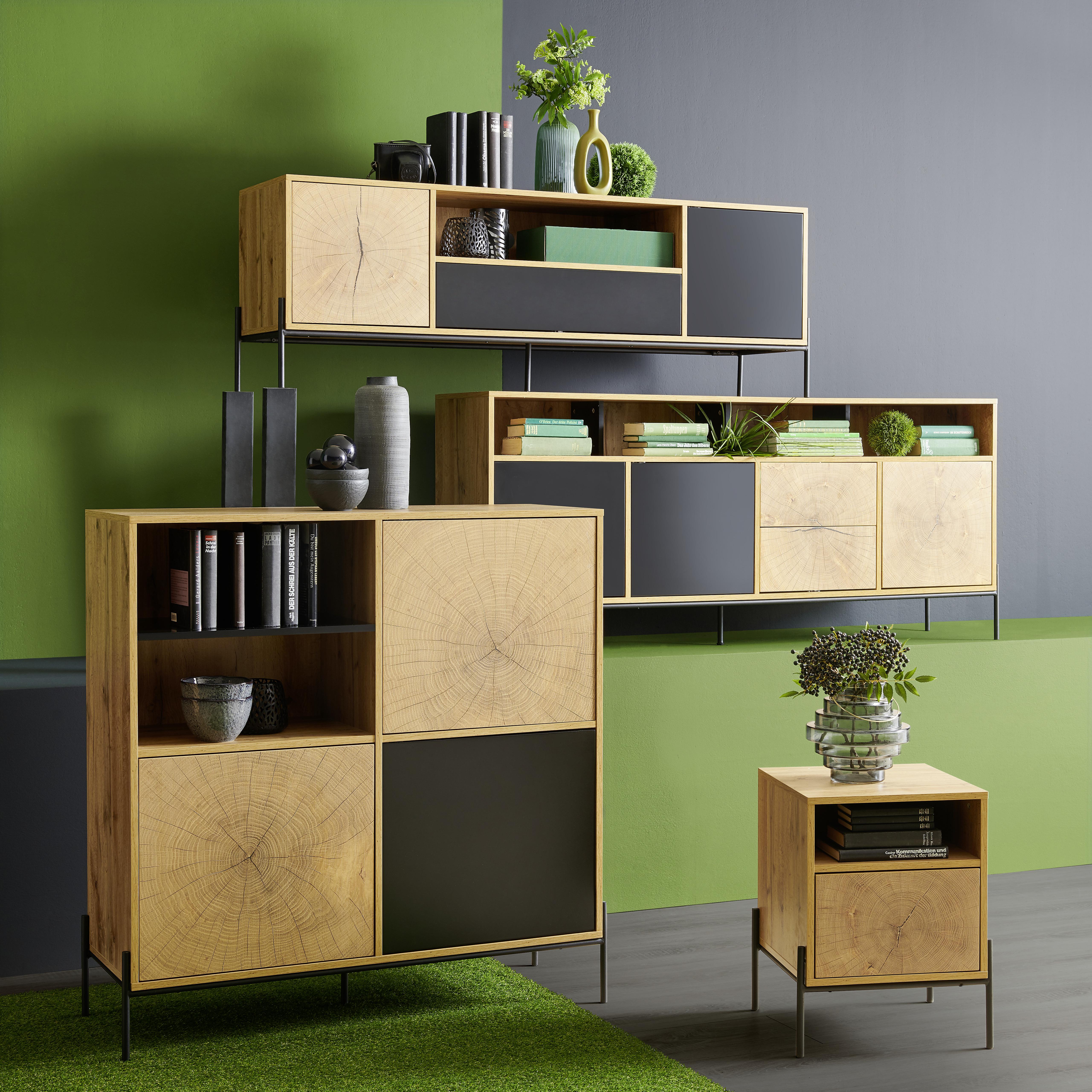 SZAFKA NOCNA LIVI - kolor dębowy/czarny, Design, materiał drewnopochodny/metal (44/55/40cm) - Carryhome