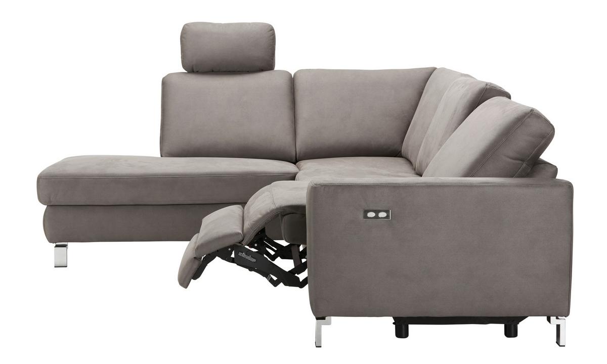 Ecksofa in Anthrazit mit Relaxfunktion - Chromfarben/Beige, Konventionell, Textil/Metall (263/89/220cm) - Premium Living