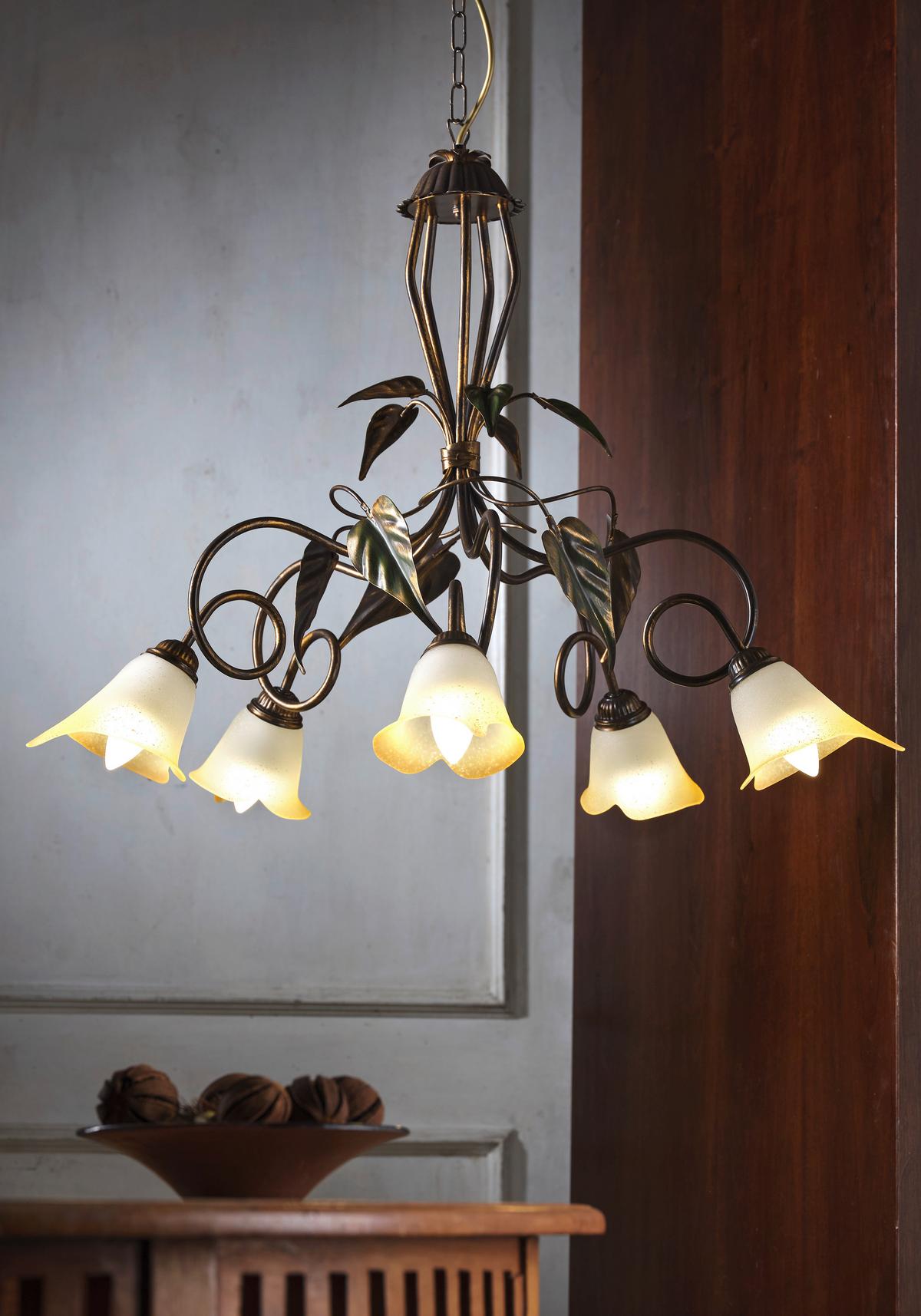 Kronleuchter Miranda Bronze/Olivgün max. 6 Watt - Bronzefarben/Olivgrün, KONVENTIONELL, Glas/Metall (90/130cm)