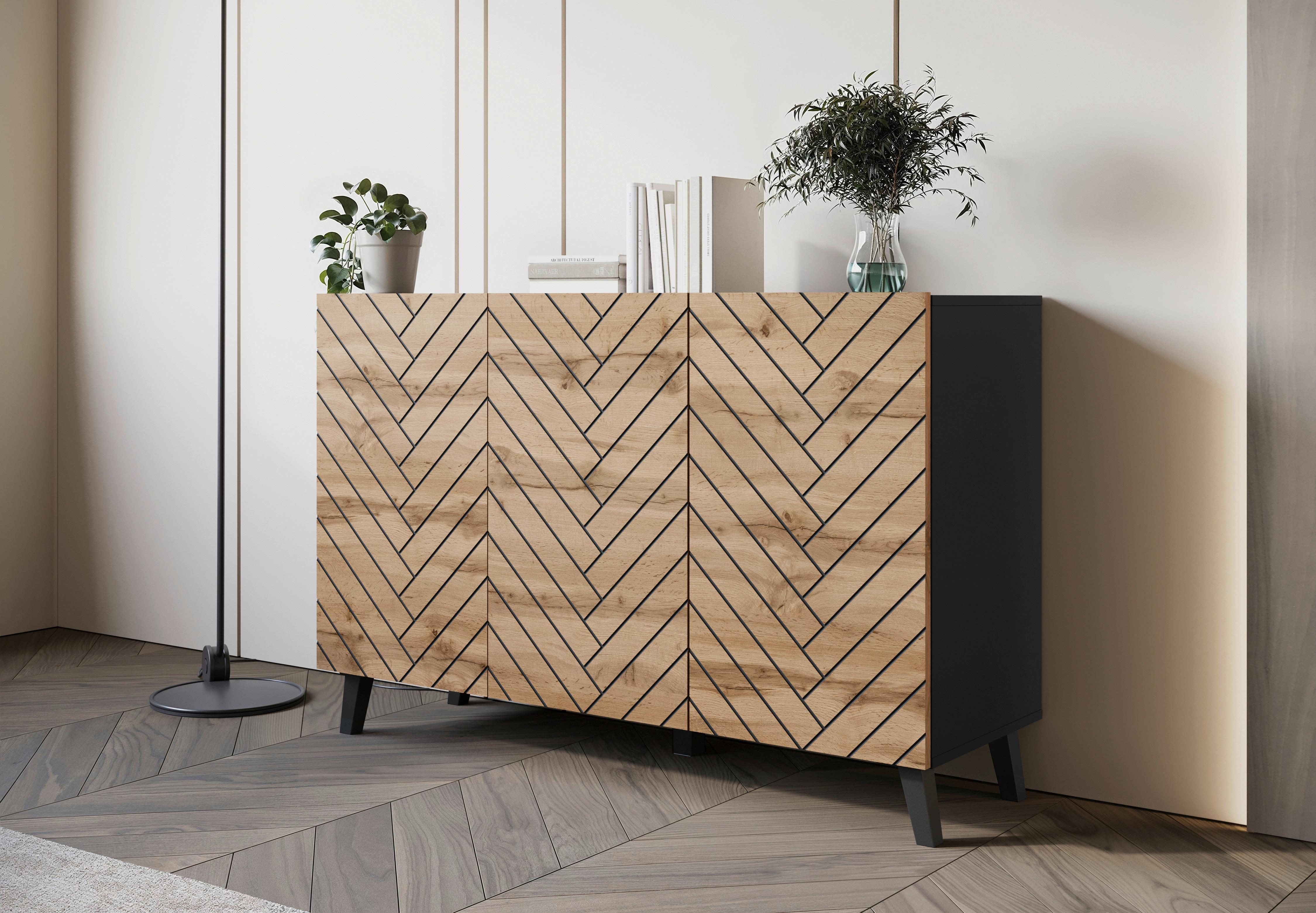 Komoda Phuket 120, Črna, Barva Hrasta - hrast wotan/črna, Trend, leseni material (120/76/39cm) - Livetastic