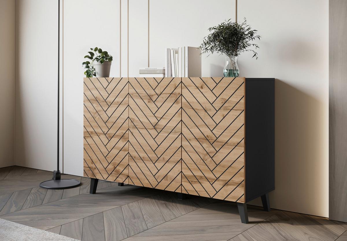 Komoda Phuket 120, Črna, Barva Hrasta - hrast wotan/črna, Trend, leseni material (120/76/39cm) - Livetastic