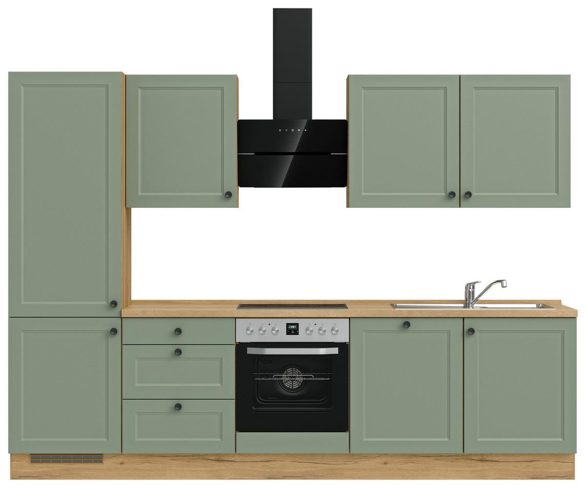 Küchenblock Cascada High m. Geräten Schilfgrün - Schilfgrün/Eichefarben, MODERN, Holzwerkstoff/Metall (300cm) - Nobilia