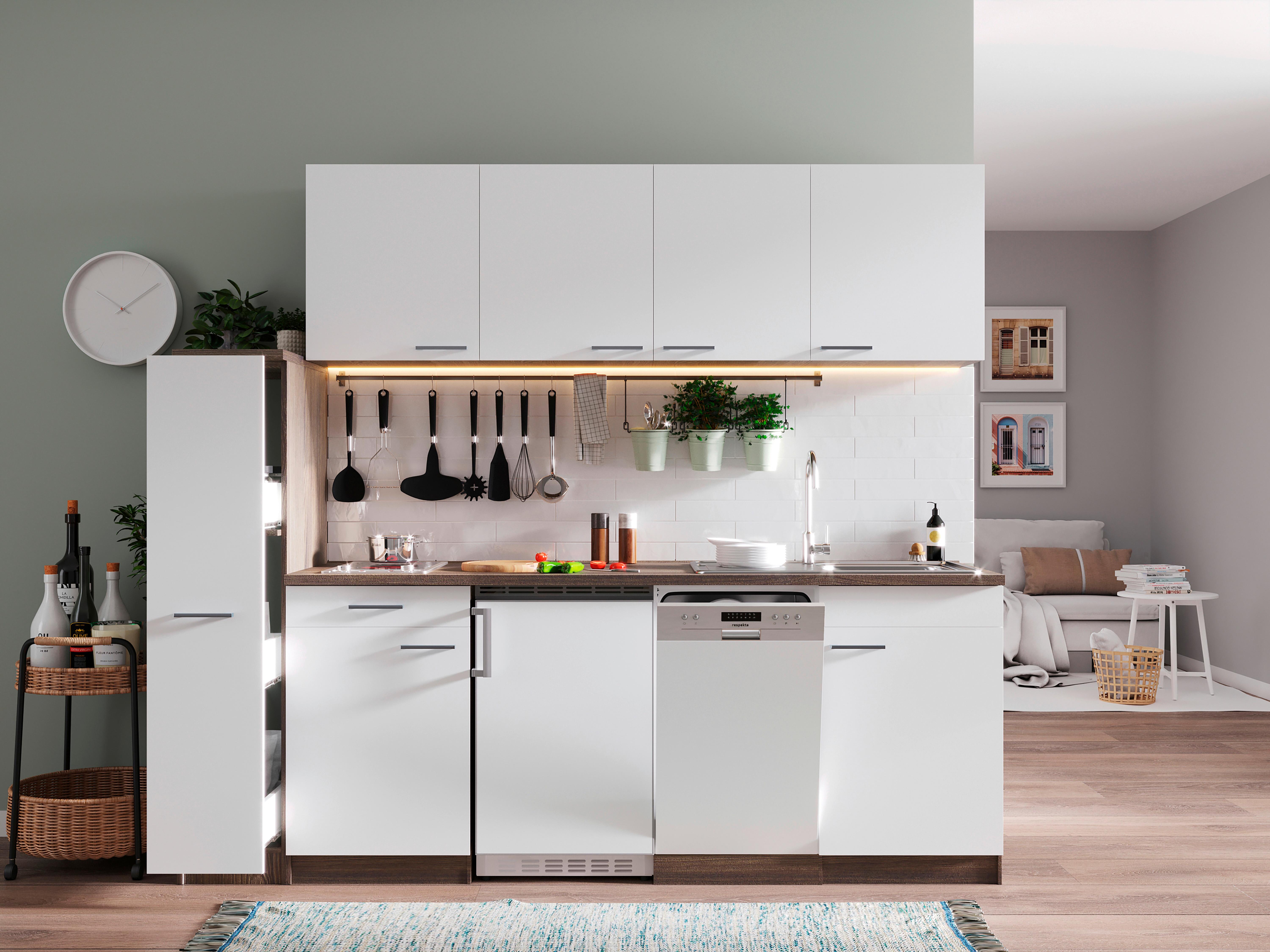 Küchenblock Oliver mit Geräten ca. 225 cm Weiß - Eichefarben/Alufarben, Basics, Holzwerkstoff/Kunststoff (225cm) - Respekta