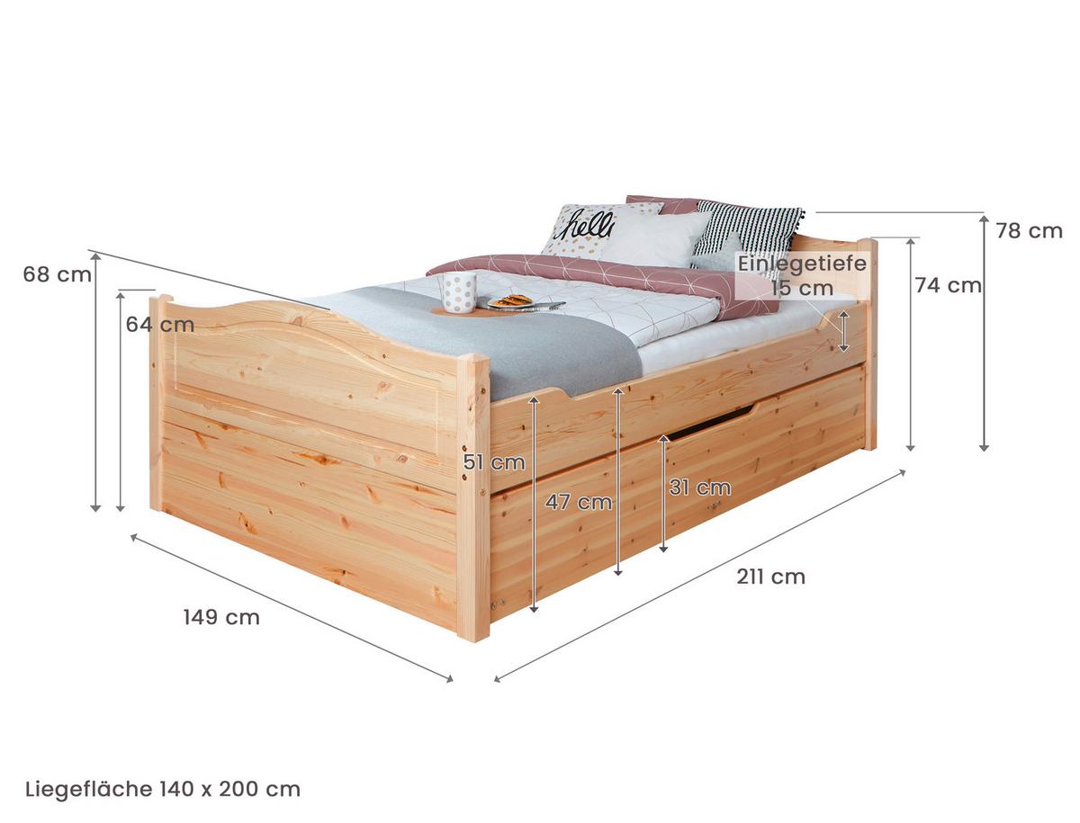 Postelja S Predalom Leni, 140x200, Bor, Masivno - naravne barve, Moderno, les (140/200cm) - MID.YOU