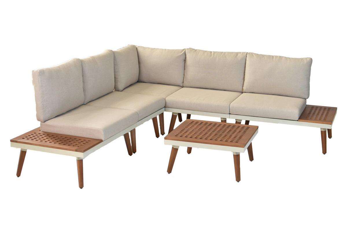 Loungegarnitur Delphi Echtholz/Metall - Beige/Weiß, KONVENTIONELL, Holz/Textil - Gardenson
