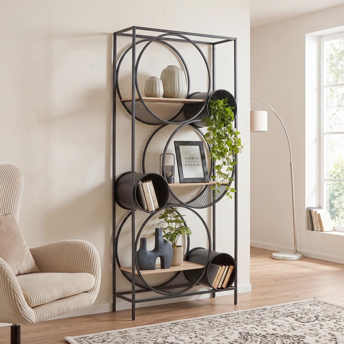 Regal Circle -Studio- - Schwarz/Naturfarben, Modern, Holzwerkstoff/Metall (84/186/30cm) - Premium Living