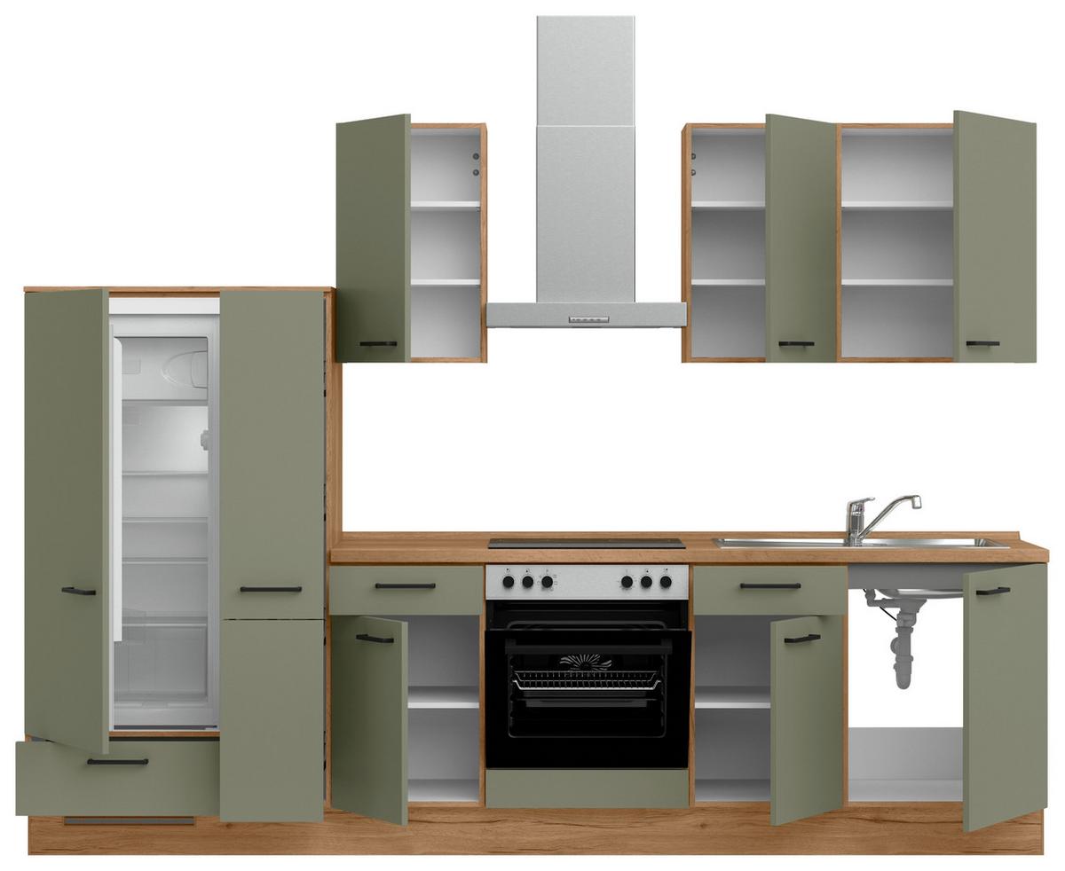 Küchenleerblock Senso Low o. Geräte Olivgrün - Eichefarben/Schwarz, MODERN, Holzwerkstoff/Metall (300cm) - Nobilia