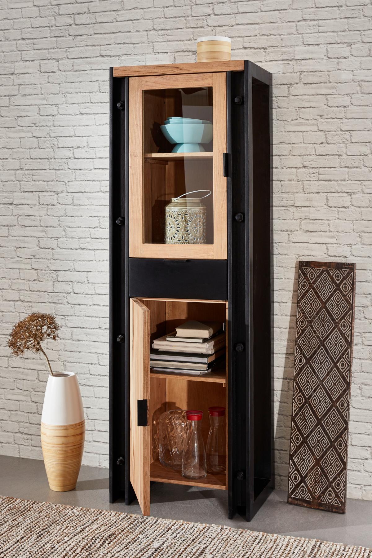 Vitrina Construction - črna/naravne barve, Trendi, kovina/steklo (60/180/40cm) - Zandiara