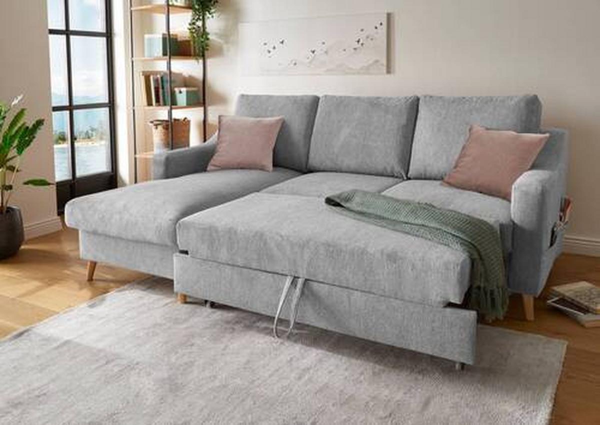 Wohnlandschaft Valentina Grau Mikrofaser - Dunkelrosa/Naturfarben, Design, Holz/Textil (150/228cm) - MID.YOU