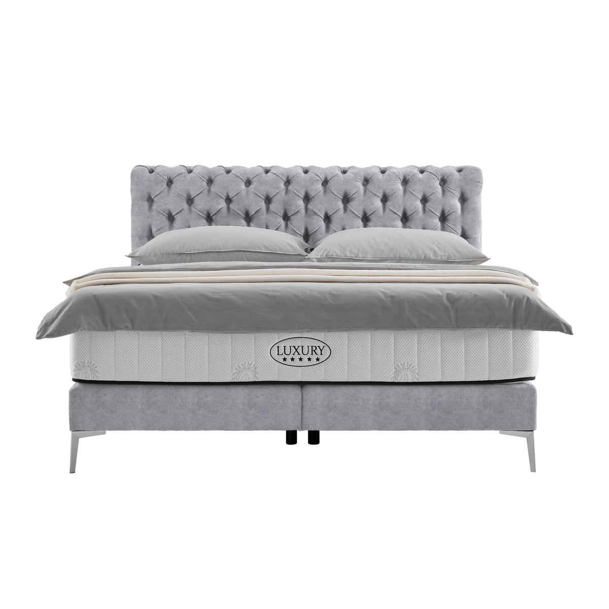 Boxspringbett Queen in Hellgrau ca. 160x200cm - Chromfarben/Goldfarben, Konventionell, Textil (160/200cm) - Premium Living
