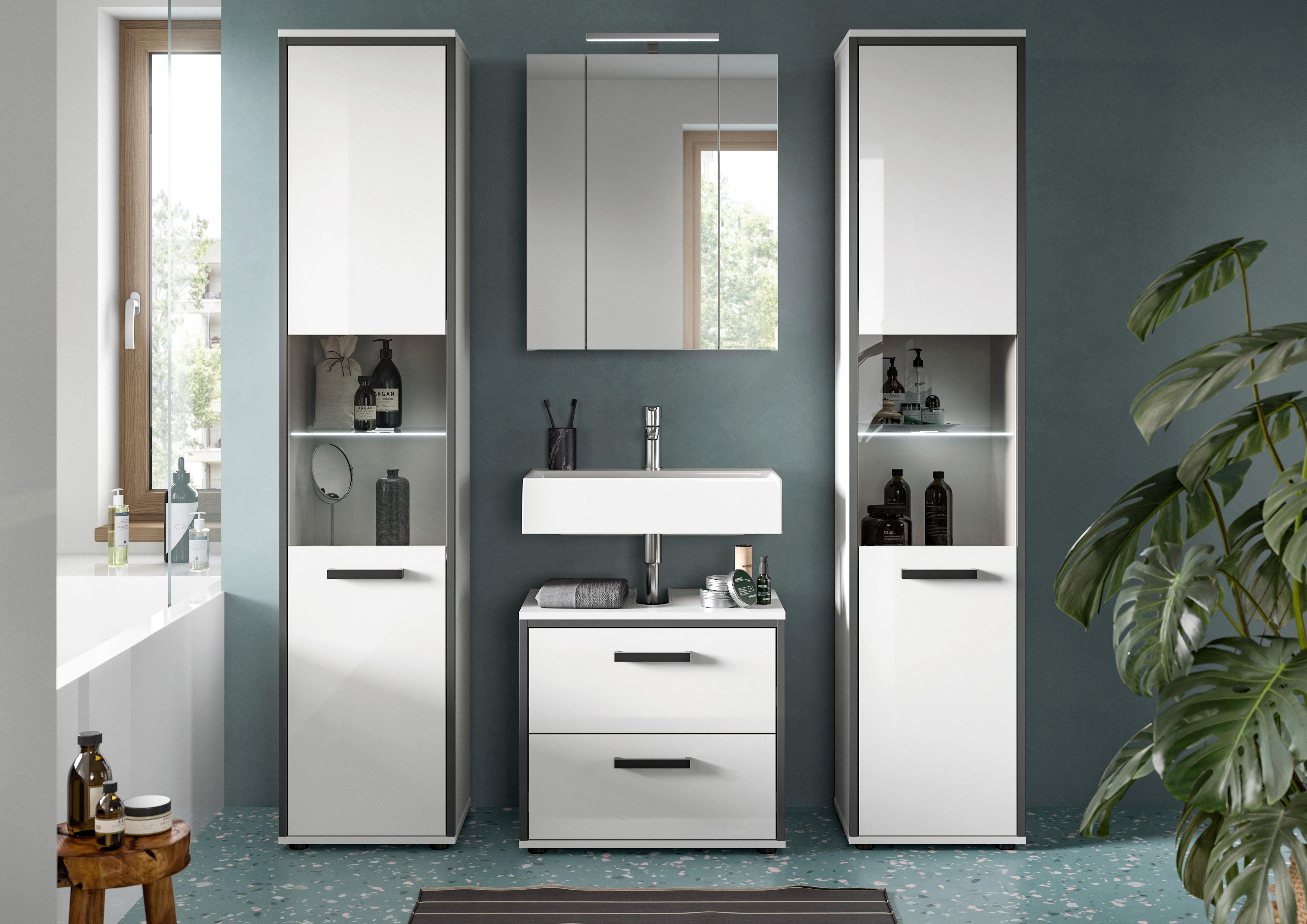 Badezimmer Kojak 4-tlg. Weiß/Anthrazit m. LED - Weiß Hochglanz/Schwarz, MODERN, Holzwerkstoff/Kunststoff (140cm) - MID.YOU