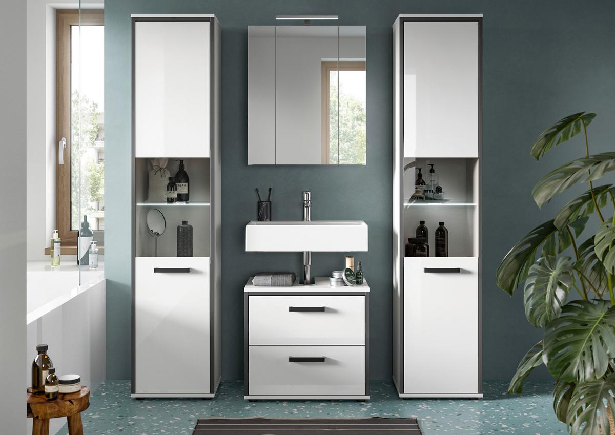 Badezimmer Kojak 4-tlg. Weiß/Anthrazit m. LED - Weiß Hochglanz/Schwarz, MODERN, Holzwerkstoff/Kunststoff (140cm) - MID.YOU