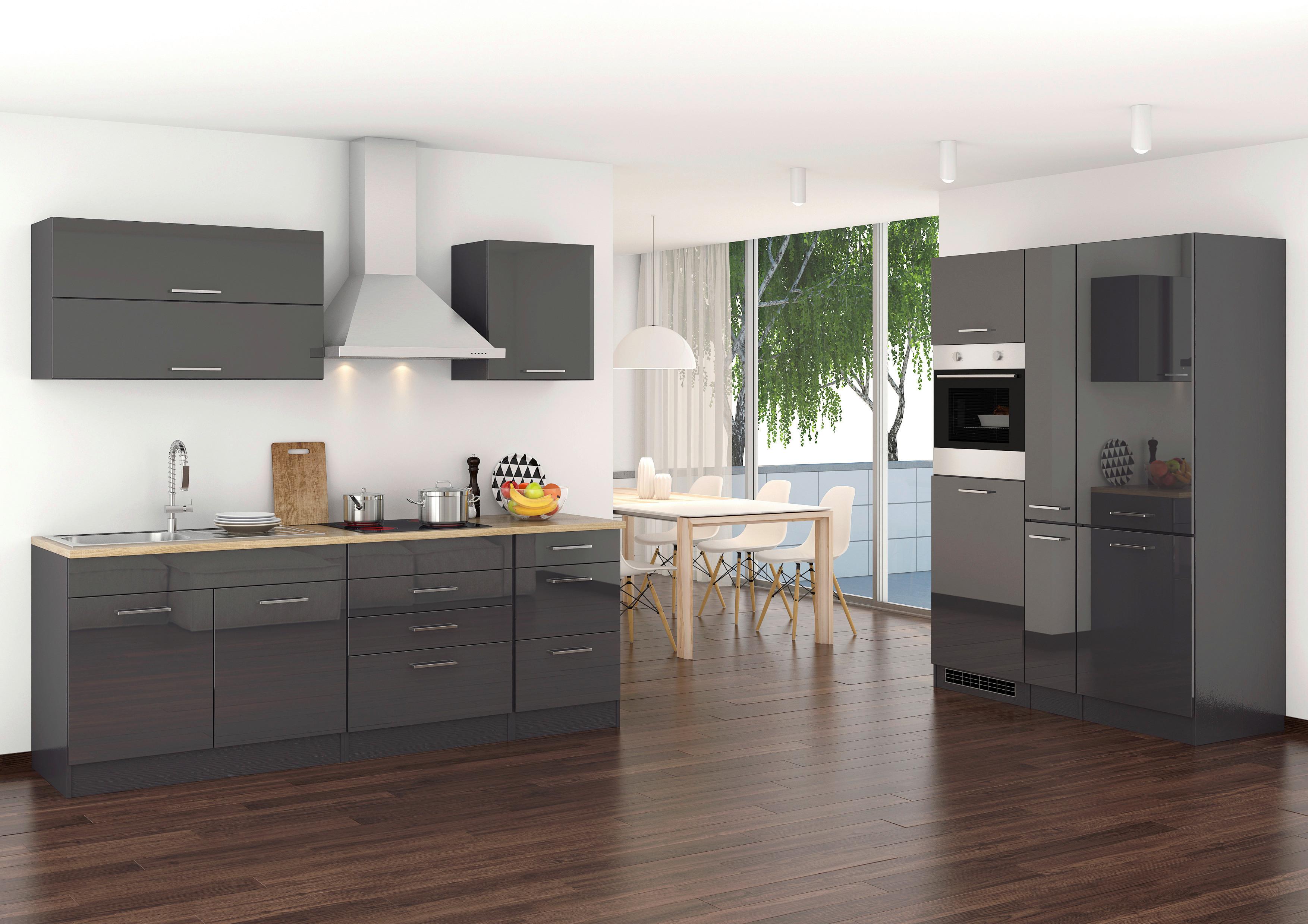 Küchenblock in Anthrazit inkl. E-Geräte 'Mailand' - Chromfarben/Eichefarben, MODERN, Holzwerkstoff/Metall (230-150cm) - Held