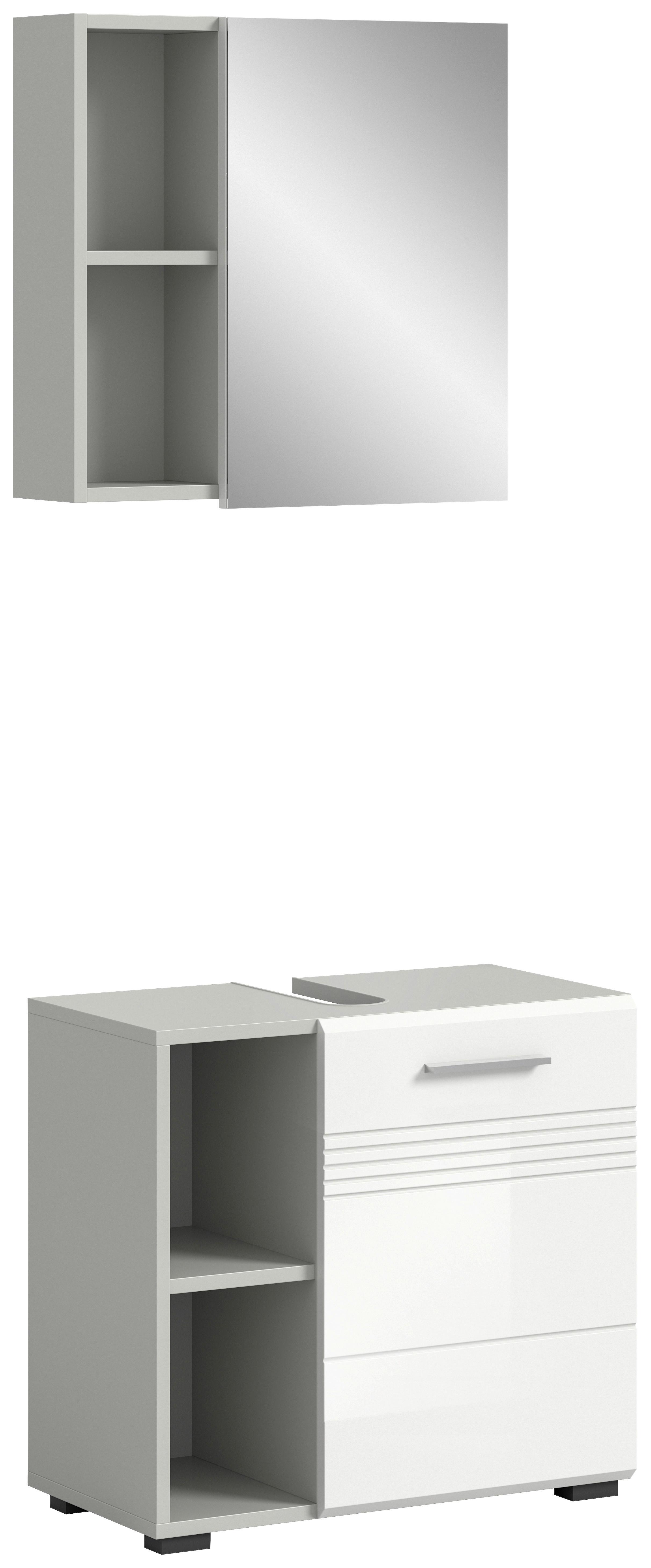 Badezimmer-Set COPA 2-teilig, Grau/Weiß Hochglanz - Chromfarben/Weiß Hochglanz, MODERN, Holzwerkstoff/Kunststoff (60cm) - MID.YOU