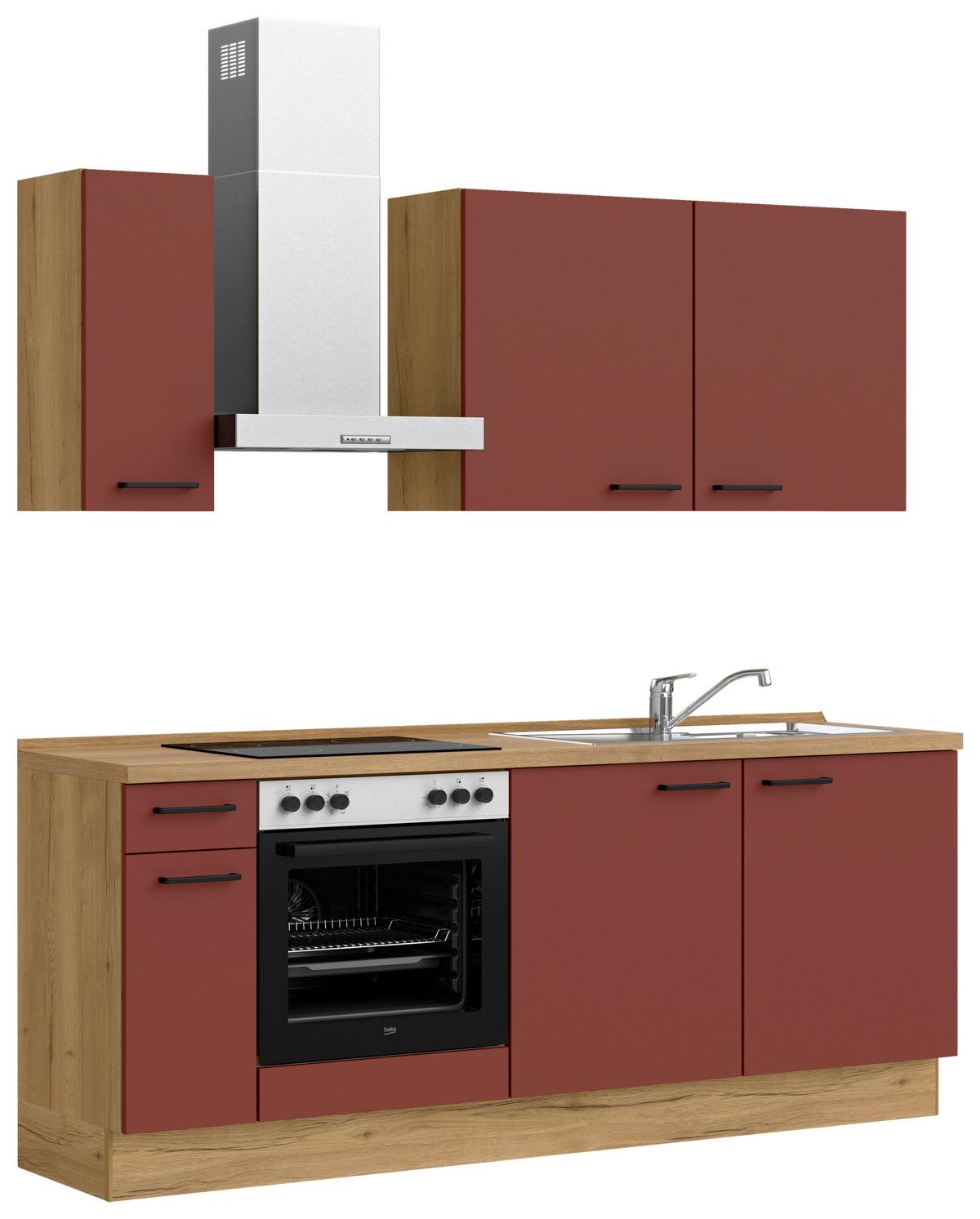 Küchenblock Easytouch Low m. Geräten Dunkelrot - Eichefarben/Schwarz, MODERN, Holzwerkstoff/Metall (210cm) - Nobilia