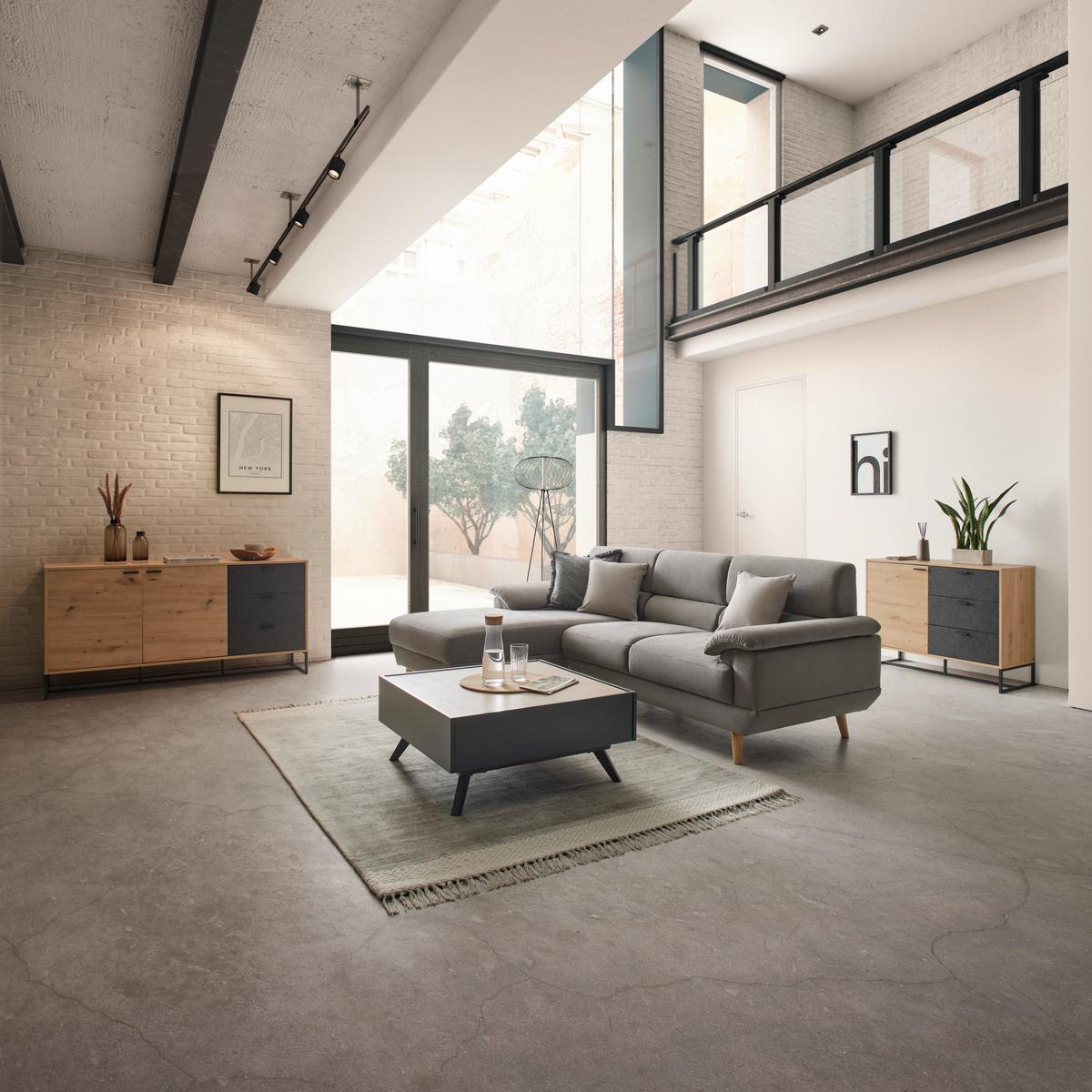 Komoda Fosca, Hrast, Črna - črna/barve hrasta, Moderno, kovina (148,5/76/40cm) - Bessagi Home