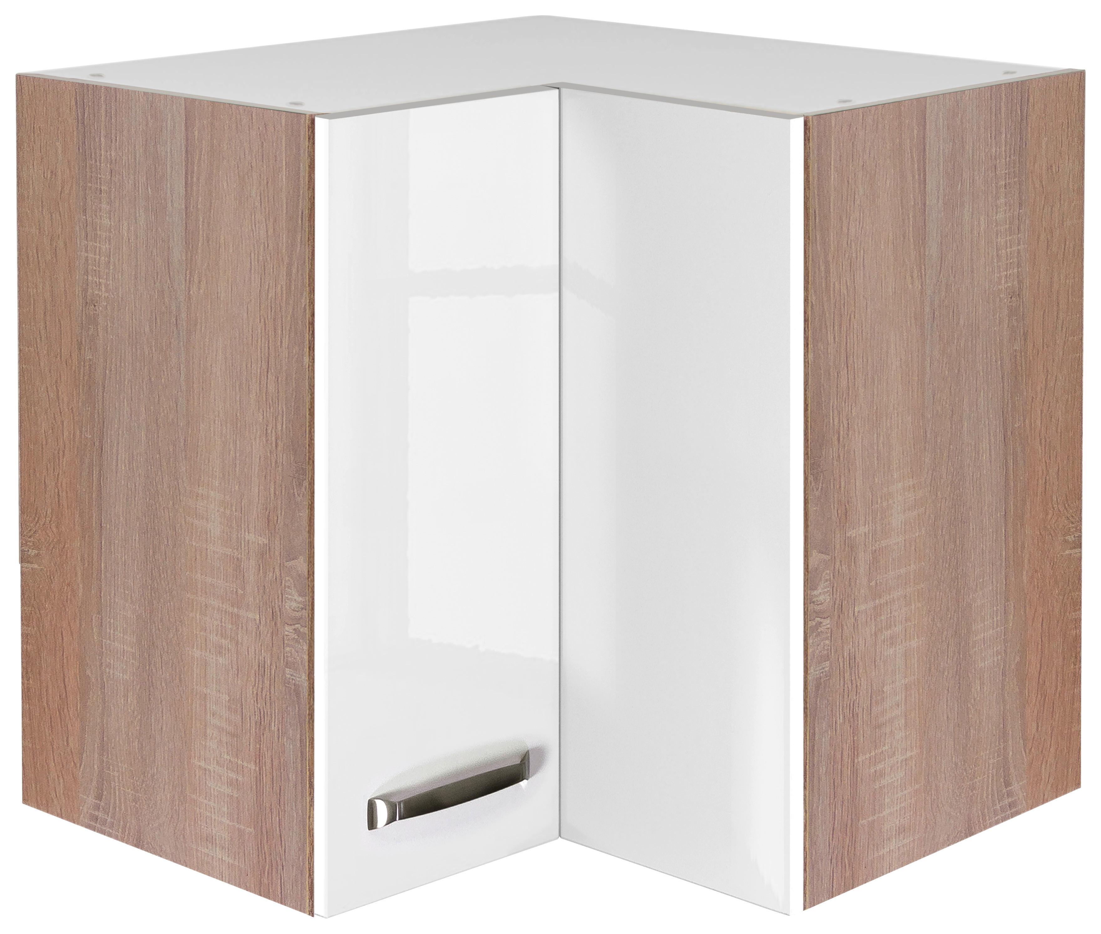 Eckoberschrank Weiß Hochglanz/Eiche - Edelstahlfarben/Weiß Hochglanz, MODERN, Holzwerkstoff/Metall (60/54/60cm) - FlexWell