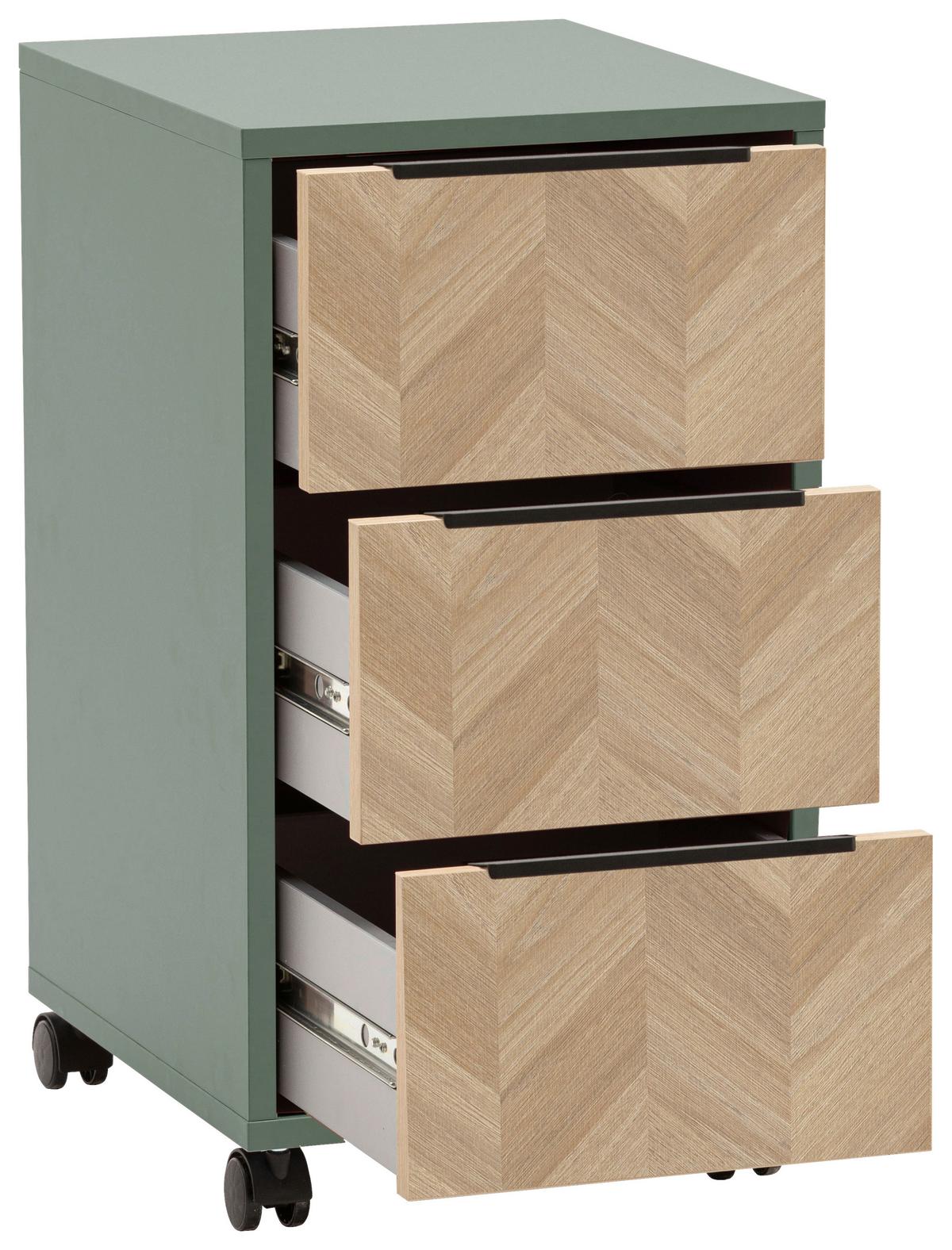 Rollcontainer Piazza Grün/Eichefarben - Eichefarben/Schwarz, MODERN, Holzwerkstoff/Kunststoff (32,60/59,7/39,10cm) - Mömax