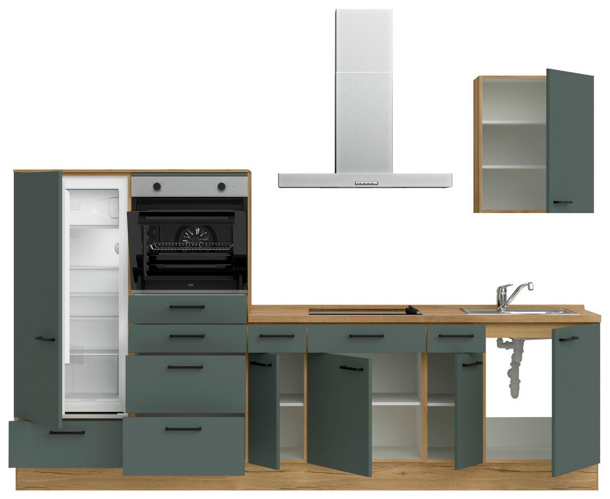 Küchenblock Easytouch m. Geräten Dunkelgrün - Dunkelgrün/Eichefarben, MODERN, Holzwerkstoff/Metall (300cm) - Nobilia