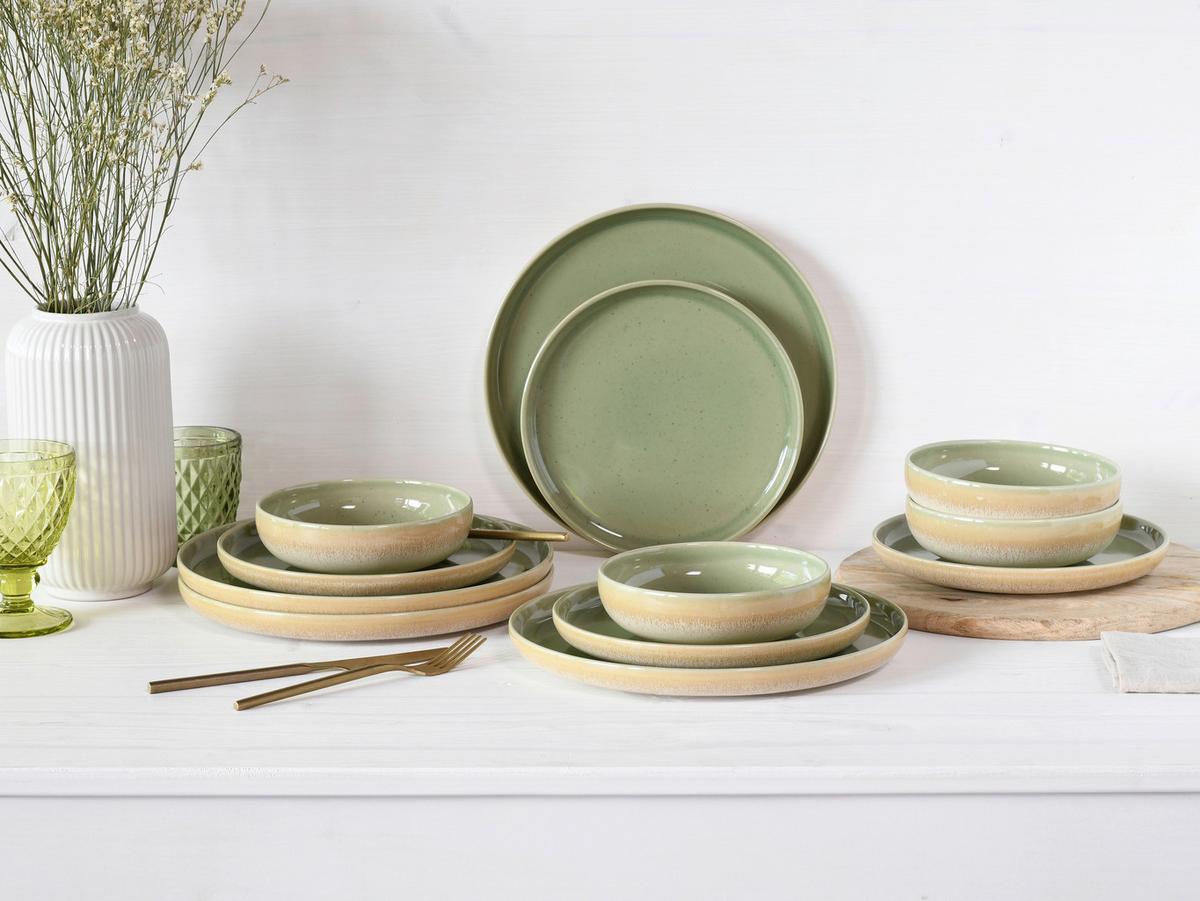 Jedilni Servis Romana, 12-Delni - krem barve/zelena, Design, keramika - Creatable
