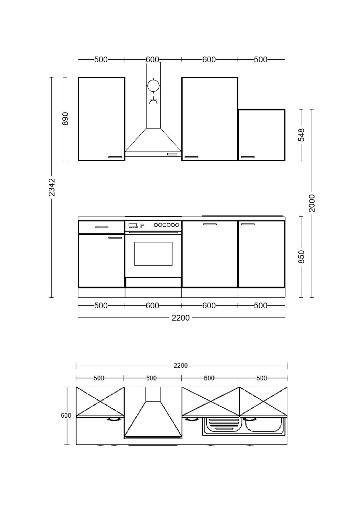 Küchenblock Cara Grün/Eichefarben mit Geräten - Schwarz/Eiche Artisan, MODERN, Holzwerkstoff/Metall (220cm) - FlexWell