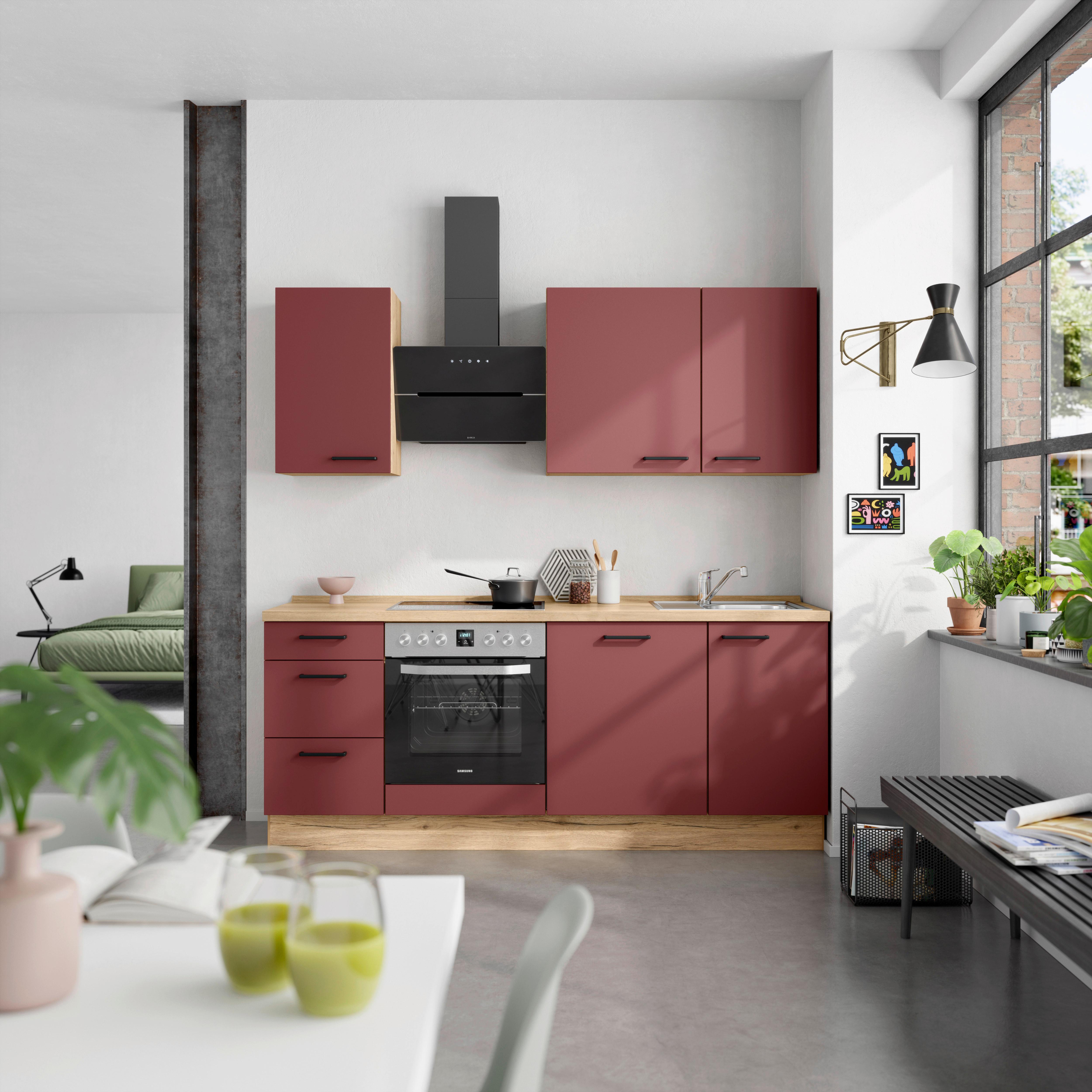 Küchenblock Easytouch High m. Geräten Dunkelrot - Eichefarben/Schwarz, MODERN, Holzwerkstoff/Metall (210cm) - Nobilia