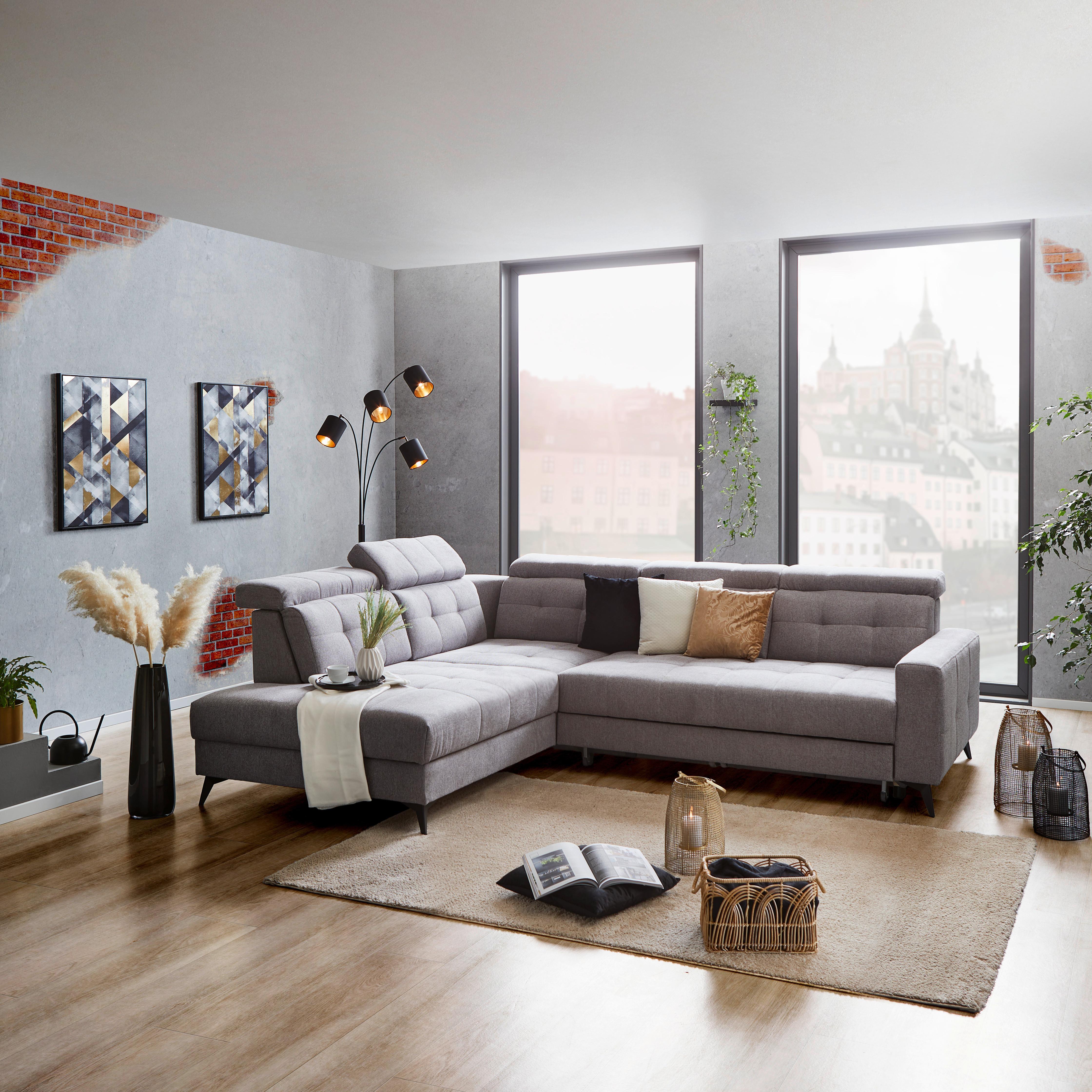 Sedežna Garnitura Barletta, Siva, Ležišče, Predal - črna, Moderno, kovina/tekstil (228/289cm) - Premium Living