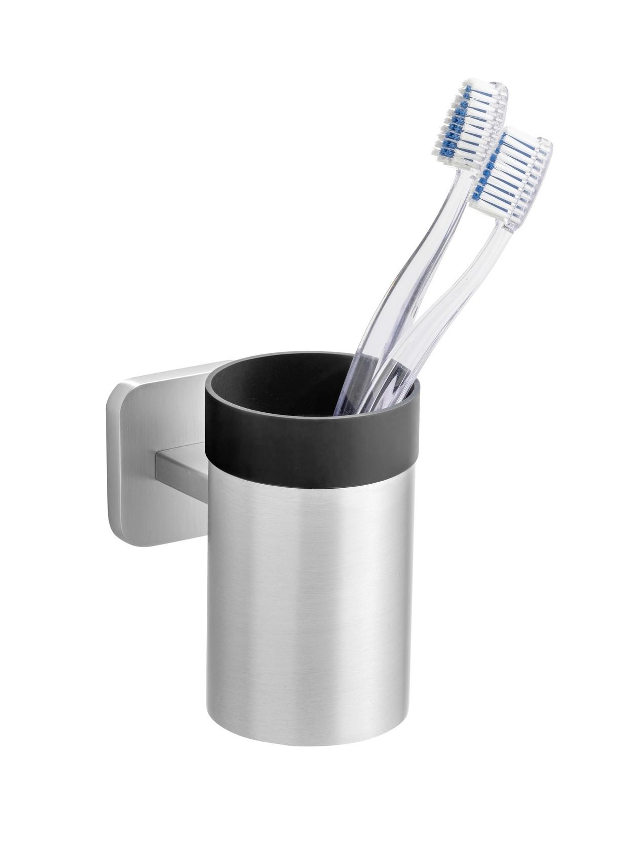 Pahar pentru periuțe de dinți Porto - culoare inox/negru, Konventionell, plastic/metal (6,5/11/10,5cm) - Wenko