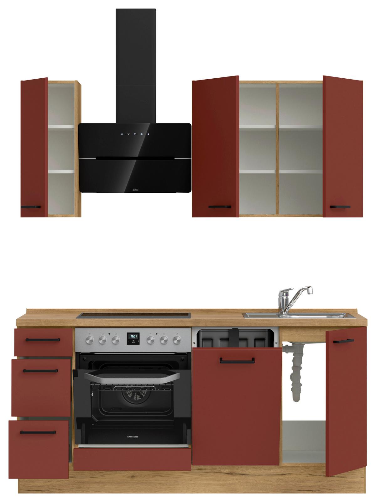Küchenblock Easytouch High m. Geräten Dunkelrot - Eichefarben/Schwarz, MODERN, Holzwerkstoff/Metall (180cm) - Nobilia