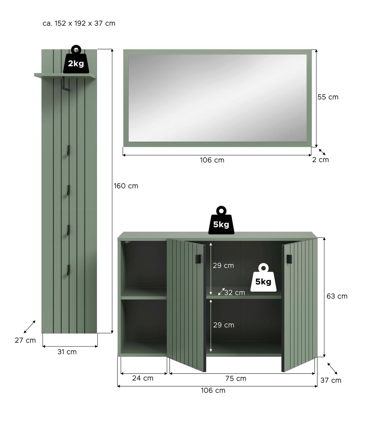 Predsoba Station, Sivozelena, 3-Delna - sivozelena, Design, leseni material (152/192/37cm) - MID.YOU