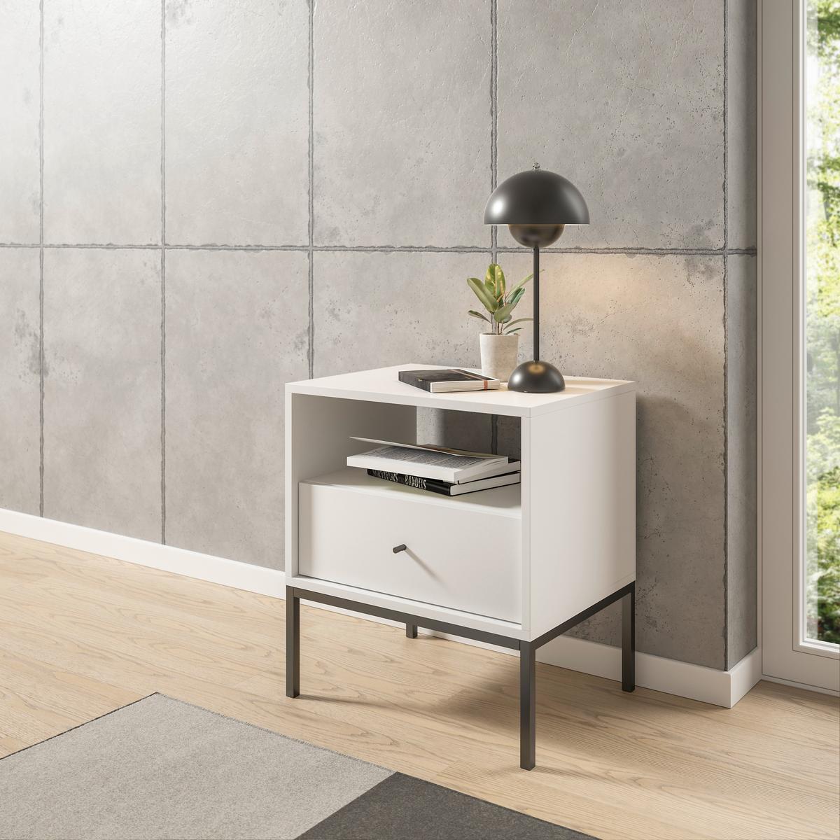 SZAFKA NOCNA INES - czarny/biały, Modern, materiał drewnopochodny/metal (54/56/39cm) - MID.YOU