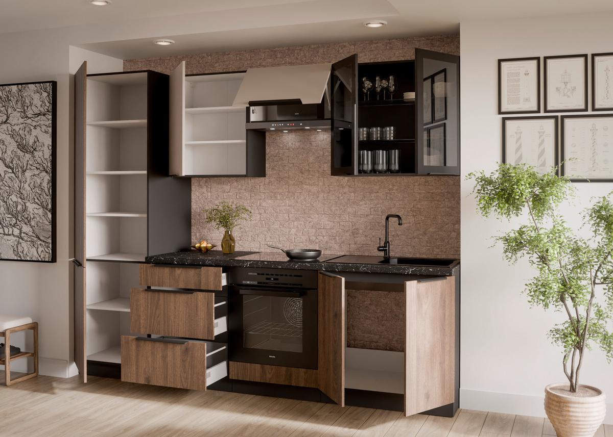 Bucatarie fara electrocasnice MONZA/ARONA - cașmir/culoare lemn de nuc, Modern, sticlă/material pe bază de lemn (260/210/60cm) - Modern Living