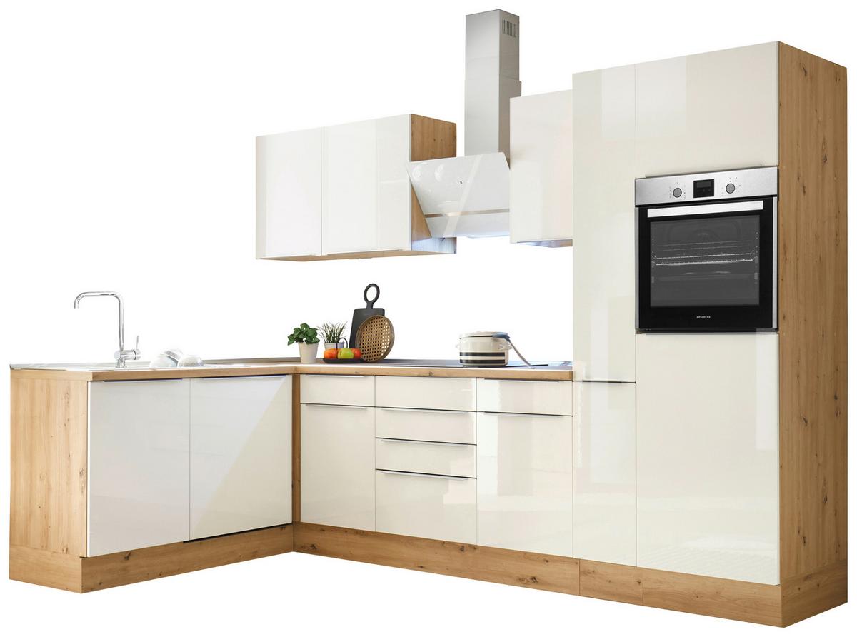 Eckküche Marleen mit Geräten Weiß/Eiche ca. 310x170cm - Weiß Hochglanz/Alufarben, LIFESTYLE, Holzwerkstoff/Kunststoff (310/170cm) - Respekta