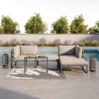Loungegarnitur Valentina Grau Metall/Outdoorstoff +Abdeckung - Schwarz/Grau, MODERN, Glas/Textil (90/65/74cm) - Bessagi Garden