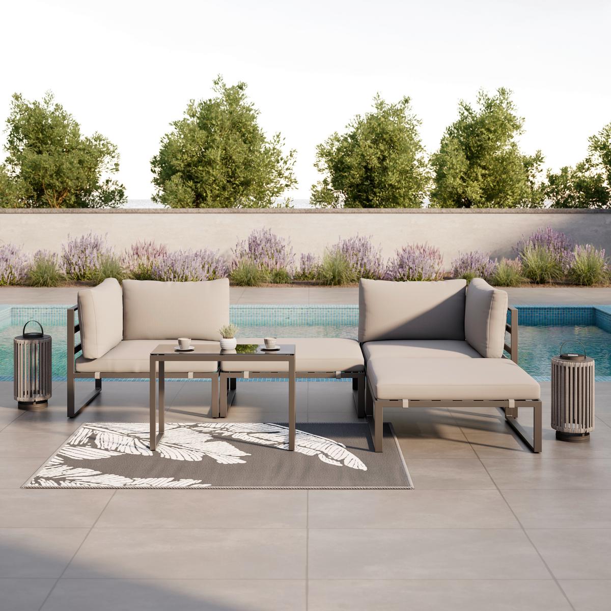 Loungegarnitur Valentina Grau Metall/Outdoorstoff +Abdeckung - Schwarz/Grau, MODERN, Glas/Textil (90/65/74cm) - Bessagi Garden